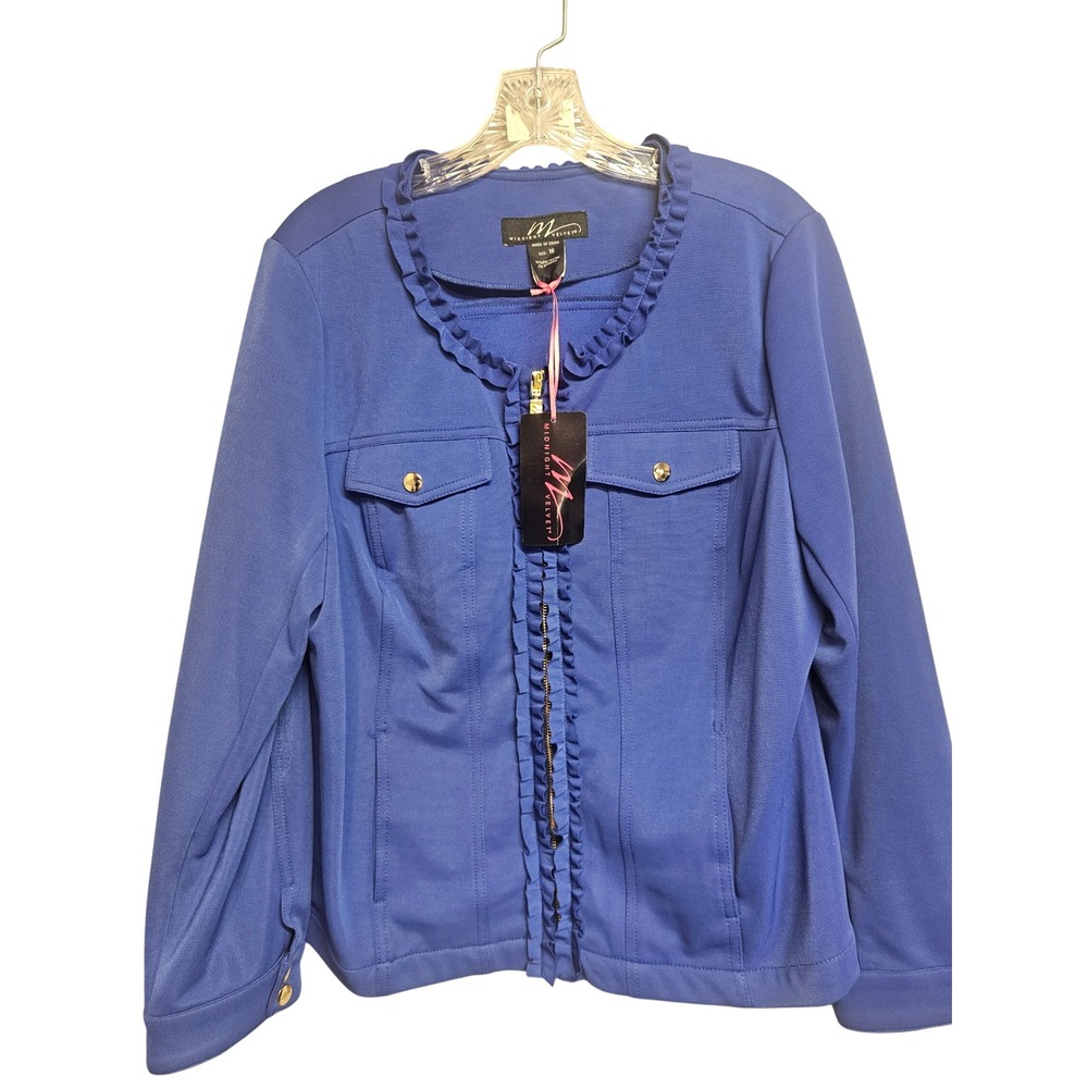 Midnight Velvet Womens Royal Blue Ruffle Trim Zip Front Jacket Size 16 NWT